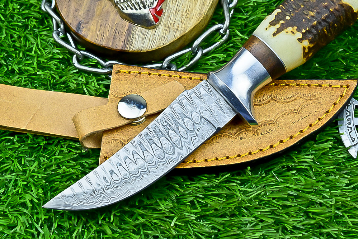 Handmade Damascus Hunting Knife with Sheath – 9" Stag Horn Handle | Gift for Him | SN-1225