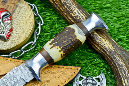 Handmade Damascus Hunting Knife with Sheath – 9" Stag Horn Handle | Gift for Him | SN-1225