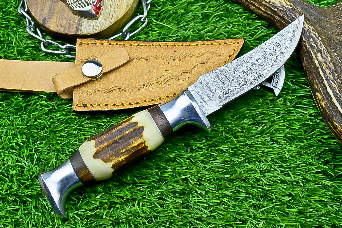 Handmade Damascus Hunting Knife with Sheath – 9" Stag Horn Handle | Gift for Him | SN-1225
