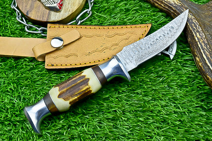 Handmade Damascus Hunting Knife with Sheath – 9" Stag Horn Handle | Gift for Him | SN-1225