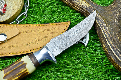 Handmade Damascus Hunting Knife with Sheath – 9" Stag Horn Handle | Gift for Him | SN-1225