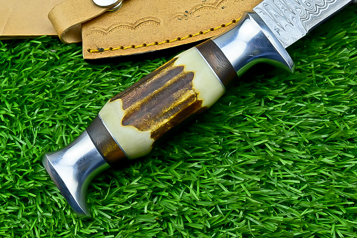 Handmade Damascus Hunting Knife with Sheath – 9" Stag Horn Handle | Gift for Him | SN-1225