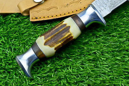 Handmade Damascus Hunting Knife with Sheath – 9" Stag Horn Handle | Gift for Him | SN-1225