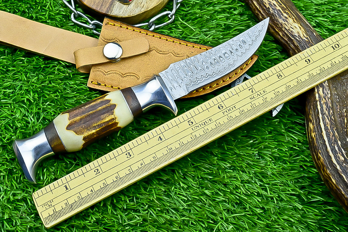 Handmade Damascus Hunting Knife with Sheath – 9" Stag Horn Handle | Gift for Him | SN-1225