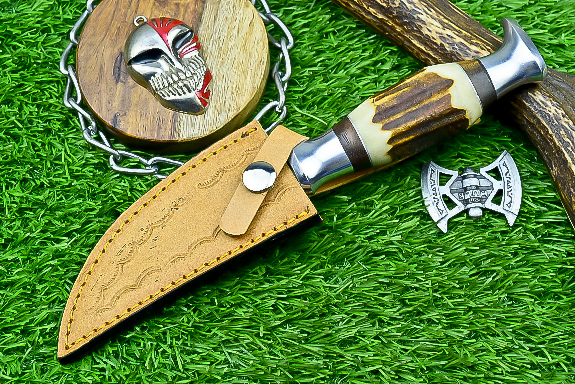 Handmade Damascus Hunting Knife with Sheath – 9" Stag Horn Handle | Gift for Him | SN-1225