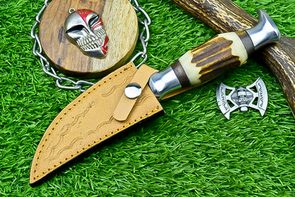 Handmade Damascus Hunting Knife with Sheath – 9" Stag Horn Handle | Gift for Him | SN-1225