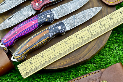 4 PCS Handmade Damascus Folding Knife Set – 7" – Multicolor Wood Handle  With Leather Sheath |   SN-739