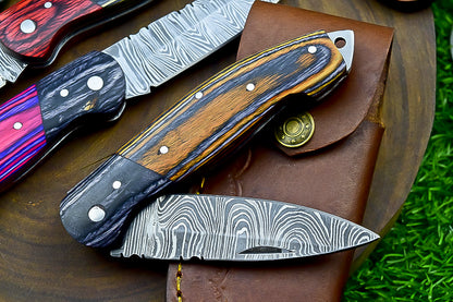 4 PCS Handmade Damascus Folding Knife Set – 7" – Multicolor Wood Handle  With Leather Sheath |   SN-739