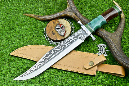 Handmade Damascus Steel Bowie Knife with Green Resin and Walnut Handle | UN-8212