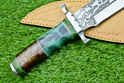 Handmade Damascus Steel Bowie Knife with Green Resin and Walnut Handle | UN-8212