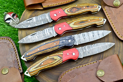 4 PCS Handmade Damascus Folding Knife Set – 7" Multicolor Wood Handle With Leather Sheath | SN-743