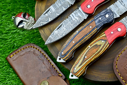 4 PCS Handmade Damascus Folding Knife Set – 7" Multicolor Wood Handle With Leather Sheath | SN-743