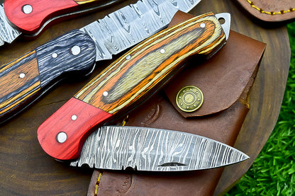 4 PCS Handmade Damascus Folding Knife Set – 7" Multicolor Wood Handle With Leather Sheath | SN-743