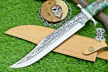 Custom Handmade Damascus Steel Bowie Knife with Turquoise and Walnut Handle | UN-8215