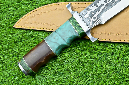 Custom Handmade Damascus Steel Bowie Knife with Turquoise and Walnut Handle | UN-8215