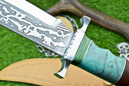 Custom Handmade Damascus Steel Bowie Knife with Turquoise and Walnut Handle | UN-8215