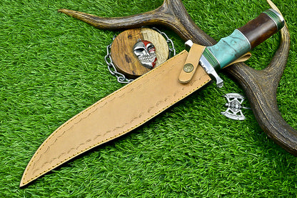 Custom Handmade Damascus Steel Bowie Knife with Turquoise and Walnut Handle | UN-8215
