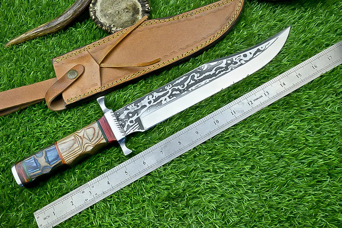 Masterfully Crafted Handmade J2 Steel Bowie Knife | Unique Etched Design, W/sheath SHKWORKS