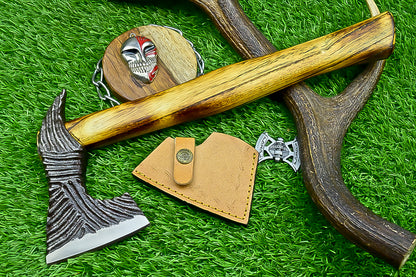 Carbon Steel Tomahawk Axe – 15" Camping Hatchet with Natural Wood Handle | Survival Tool | UN-9991