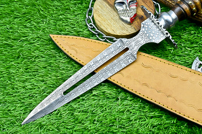 Damascus Steel Double Blade Fantasy Dagger with Leather Sheath and Bleach Mask Keychain | SN-787