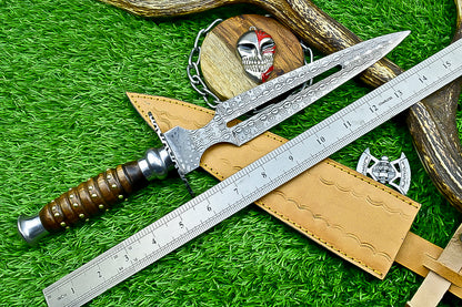 Damascus Steel Double Blade Fantasy Dagger with Leather Sheath and Bleach Mask Keychain | SN-787
