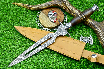 Hand Forged Two-Handed Medieval Broadsword with Scabbard | Knight Sworde – 14.7" – Rosewood Handle with Steel Bolsters &amp; Engraved Blade | SN-761