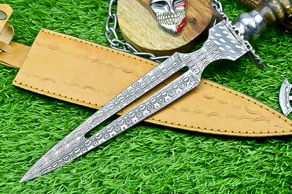 Damascus Steel Double Blade Fantasy Dagger with Leather Sheath and Bleach Mask Keychain  | SN-782