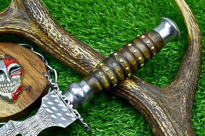 Damascus Steel Double Blade Fantasy Dagger with Leather Sheath and Bleach Mask Keychain  | SN-782