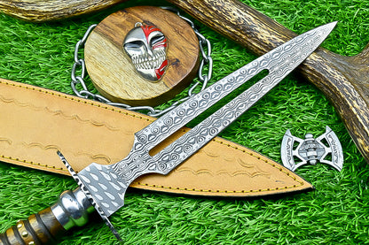 Damascus Steel Double Blade Fantasy Dagger with Leather Sheath and Bleach Mask Keychain  | SN-782