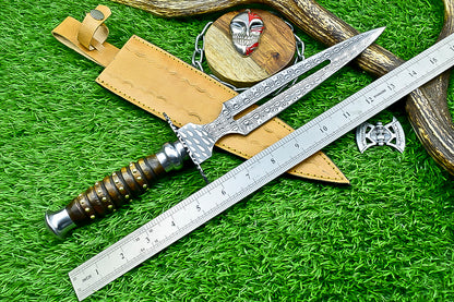 Damascus Steel Double Blade Fantasy Dagger with Leather Sheath and Bleach Mask Keychain  | SN-782