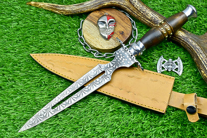 Damascus Steel Double Blade Fantasy Dagger with Leather Sheath and Bleach Mask Keychain | SN-794