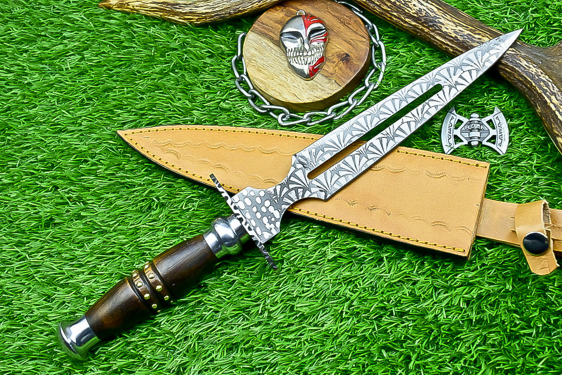 Damascus Steel Double Blade Fantasy Dagger with Leather Sheath and Bleach Mask Keychain | SN-794