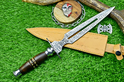 Damascus Steel Double Blade Fantasy Dagger with Leather Sheath and Bleach Mask Keychain | SN-794