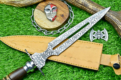 Damascus Steel Double Blade Fantasy Dagger with Leather Sheath and Bleach Mask Keychain | SN-794