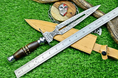 Damascus Steel Double Blade Fantasy Dagger with Leather Sheath and Bleach Mask Keychain | SN-794