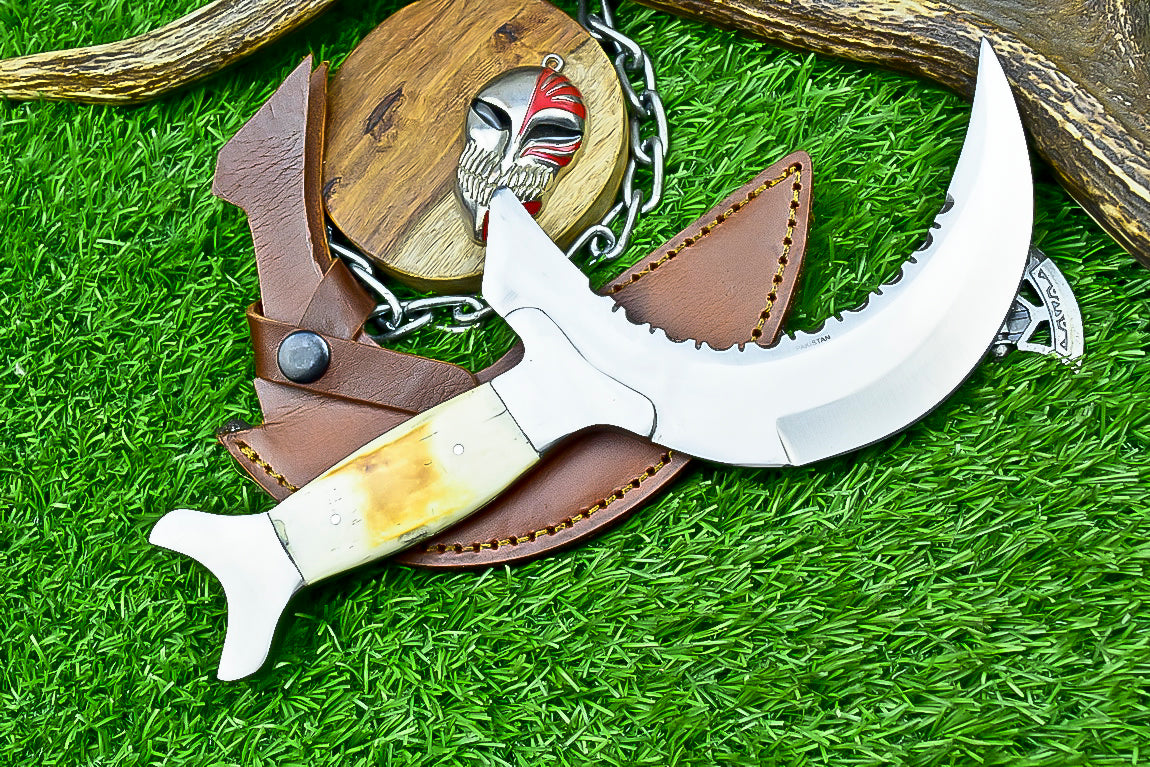 Handmade Crescent Half-Moon Ritual Knife, Unique Curved Blade, Leather Sheath