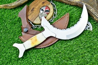 Handmade Crescent Half-Moon Ritual Knife, Unique Curved Blade, Leather Sheath