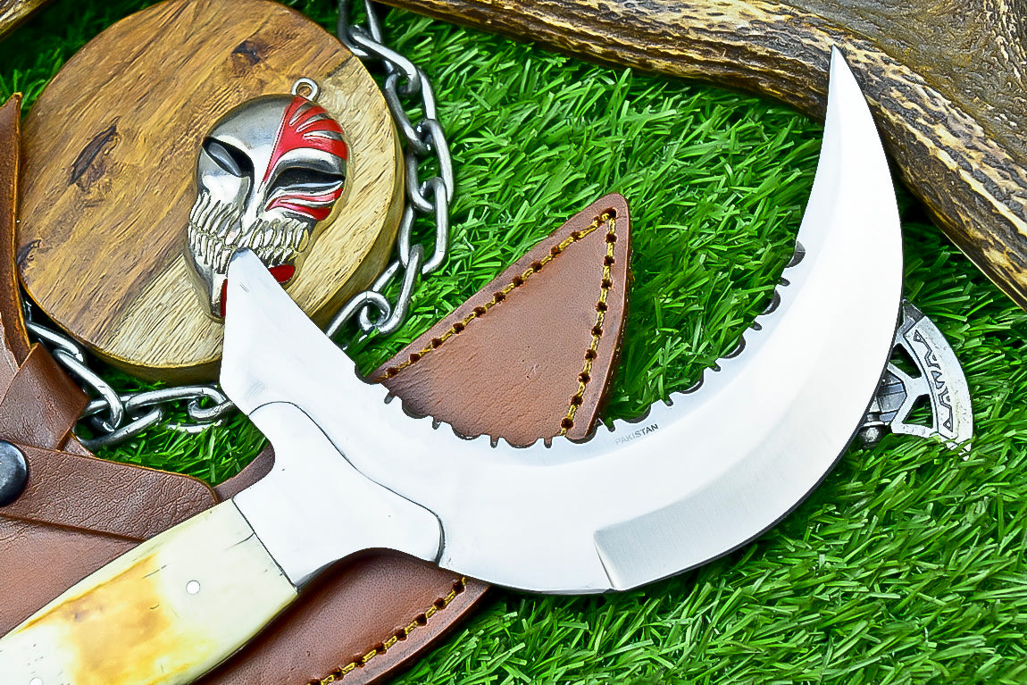 Handmade Crescent Half-Moon Ritual Knife, Unique Curved Blade, Leather Sheath