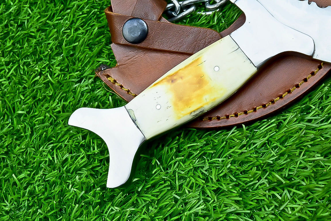 Handmade Crescent Half-Moon Ritual Knife, Unique Curved Blade, Leather Sheath