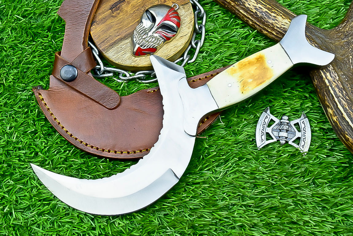 Handmade Crescent Half-Moon Ritual Knife, Unique Curved Blade, Leather Sheath