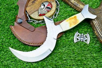 Handmade Crescent Half-Moon Ritual Knife, Unique Curved Blade, Leather Sheath