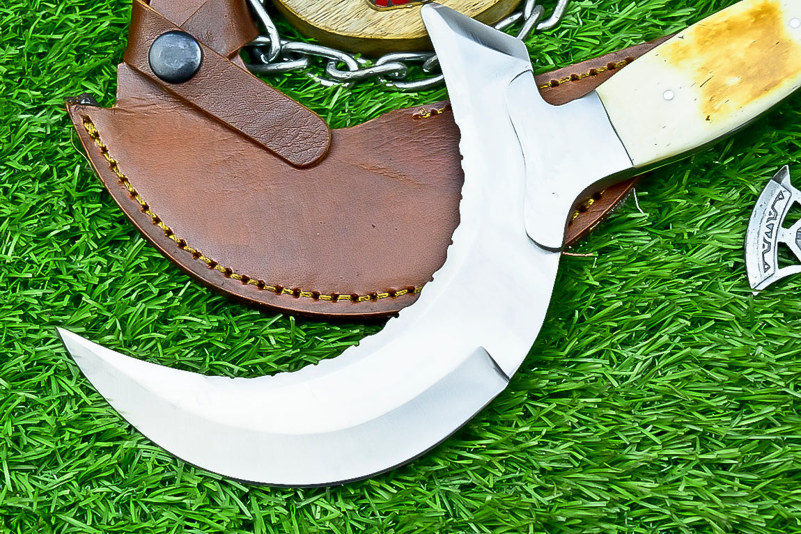 Handmade Crescent Half-Moon Ritual Knife, Unique Curved Blade, Leather Sheath