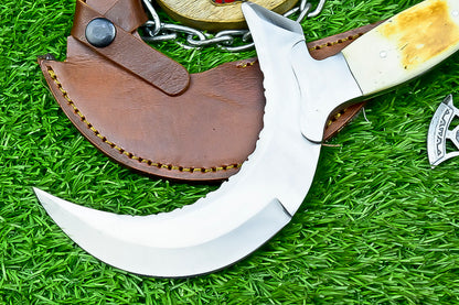 Handmade Crescent Half-Moon Ritual Knife, Unique Curved Blade, Leather Sheath
