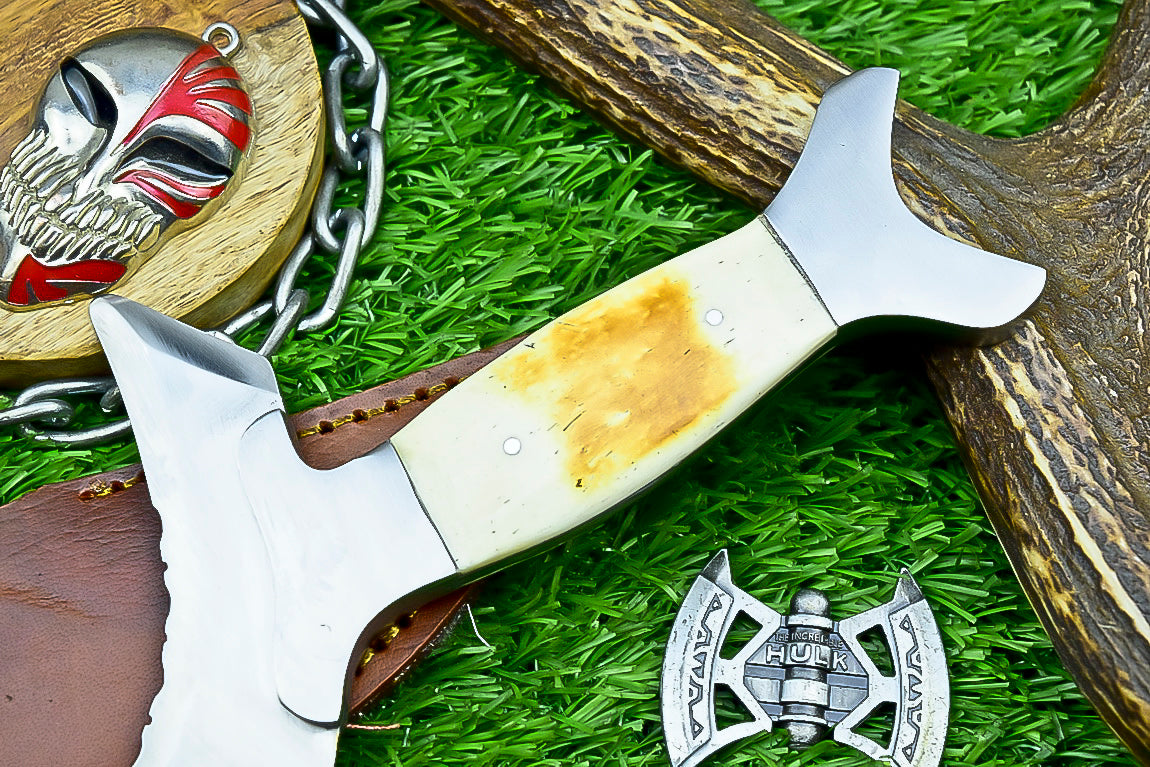 Handmade Crescent Half-Moon Ritual Knife, Unique Curved Blade, Leather Sheath