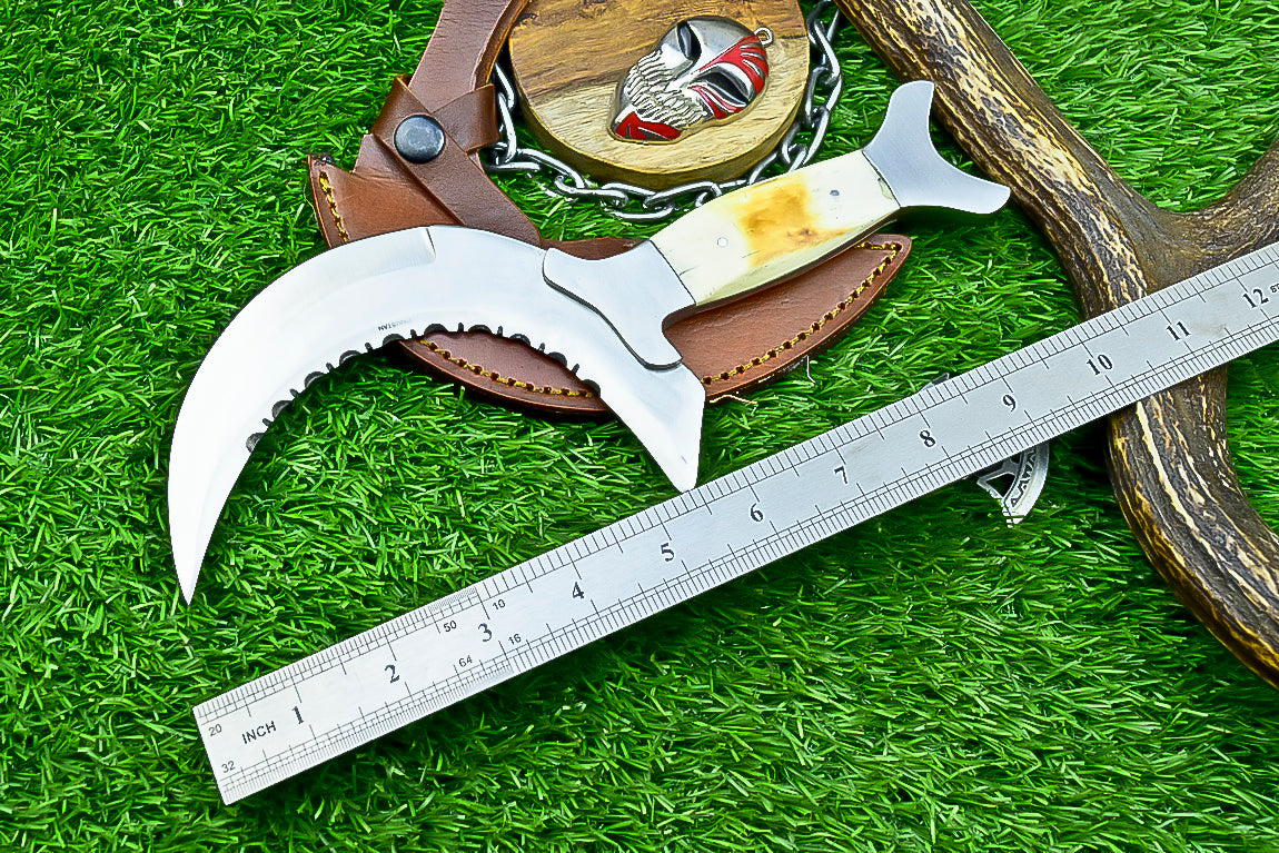 Handmade Crescent Half-Moon Ritual Knife, Unique Curved Blade, Leather Sheath