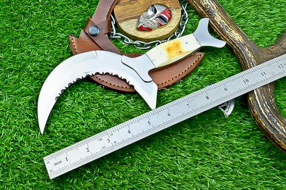 Handmade Crescent Half-Moon Ritual Knife, Unique Curved Blade, Leather Sheath