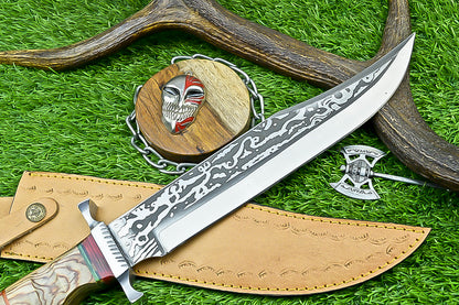 Handmade Damascus Steel Bowie Knife with Multi-Colored Stacked Handle | UN-8153