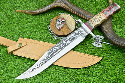 Hand-Forged Custom Damascus Steel Bowie Knife with Engraved Blade and Mosaic Handle | UN-8161