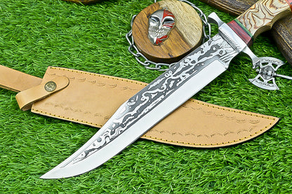Hand-Forged Custom Damascus Steel Bowie Knife with Engraved Blade and Mosaic Handle | UN-8161