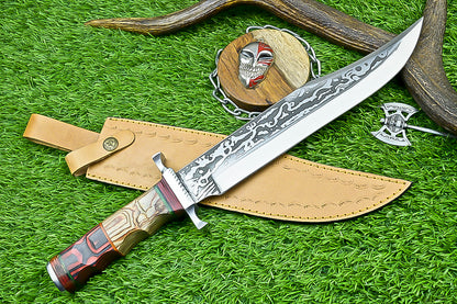 Hand-Forged Custom Damascus Steel Bowie Knife with Engraved Blade and Mosaic Handle | UN-8161